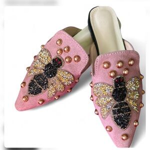 Bumble bee print slide on loafers sparkling rhinestone pearl embellishments 7